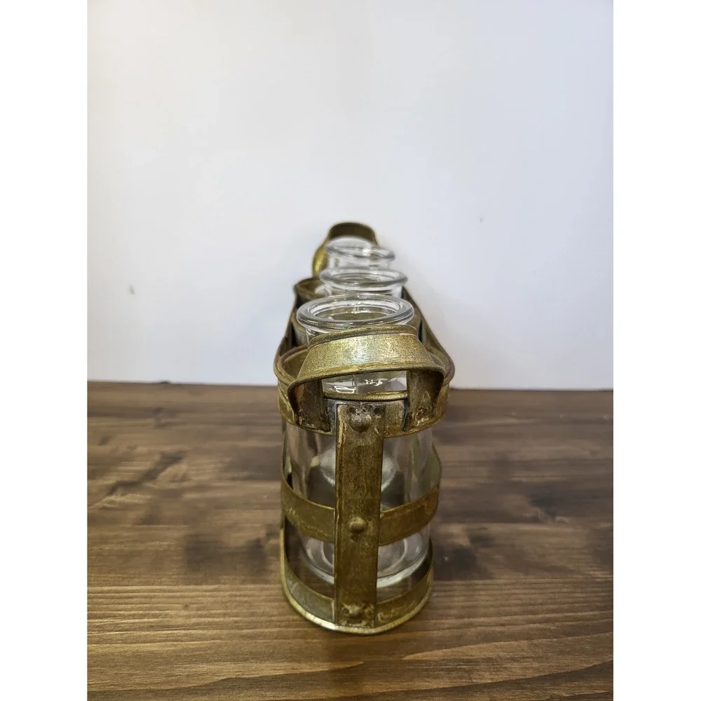 Farmhouse Gold Metal Caddy with 3 Glass Bud Vases Rustic Industrial Decor